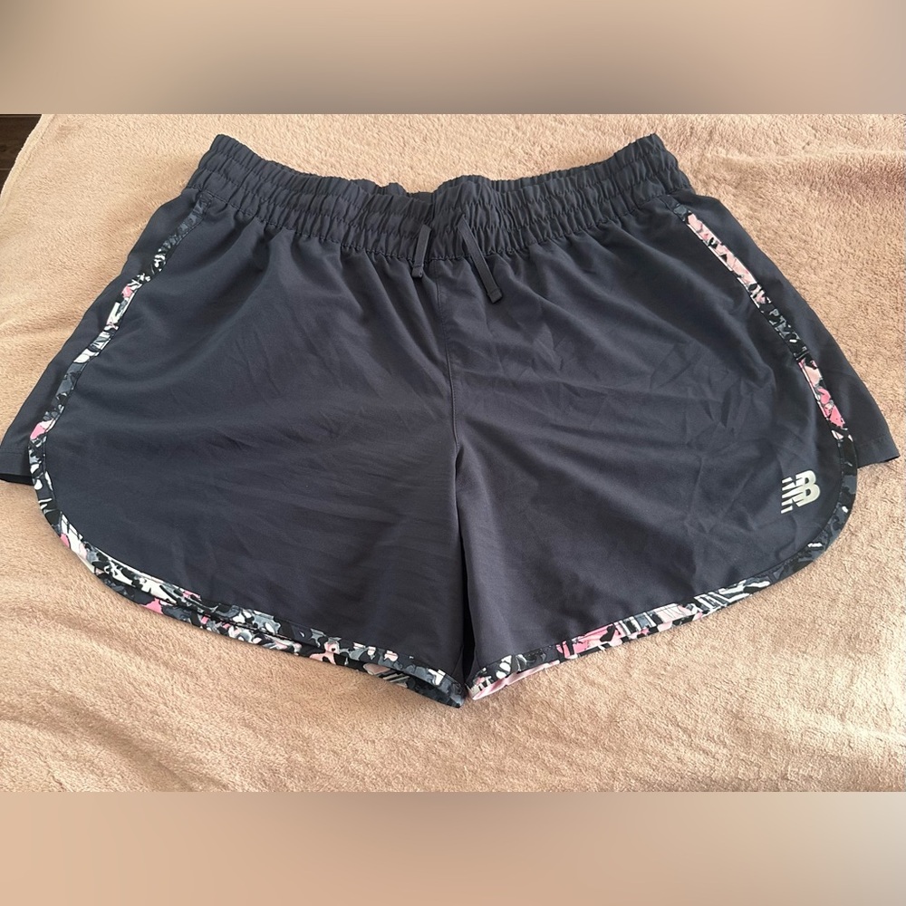 New Balance Black Athletic Shorts with Pink-Pattern Trim